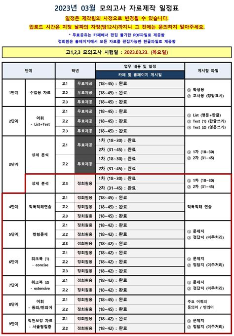 2023년 월 모의고사 일정